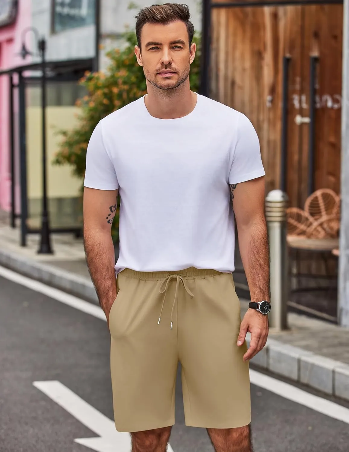 COOFANDY Men's Casual Shorts 9 inch Inseam Elastic Waist Drawstring Short Lightweight Stretch Summer Beach Shorts
