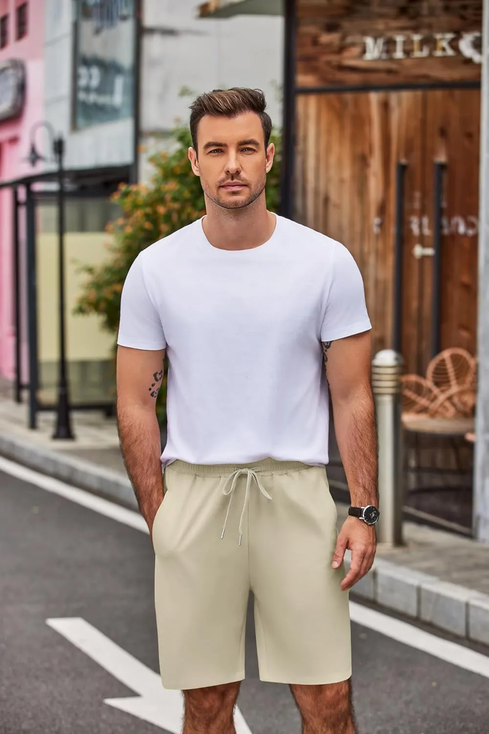 COOFANDY Men's Casual Shorts 9 inch Inseam Elastic Waist Drawstring Short Lightweight Stretch Summer Beach Shorts