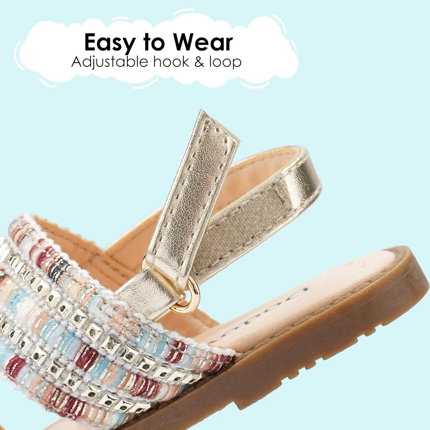 Dodow Girls Sandals Open Toe Hook and Loop Flat Dress Sandals Summer Shoes for Toddler Little Kid