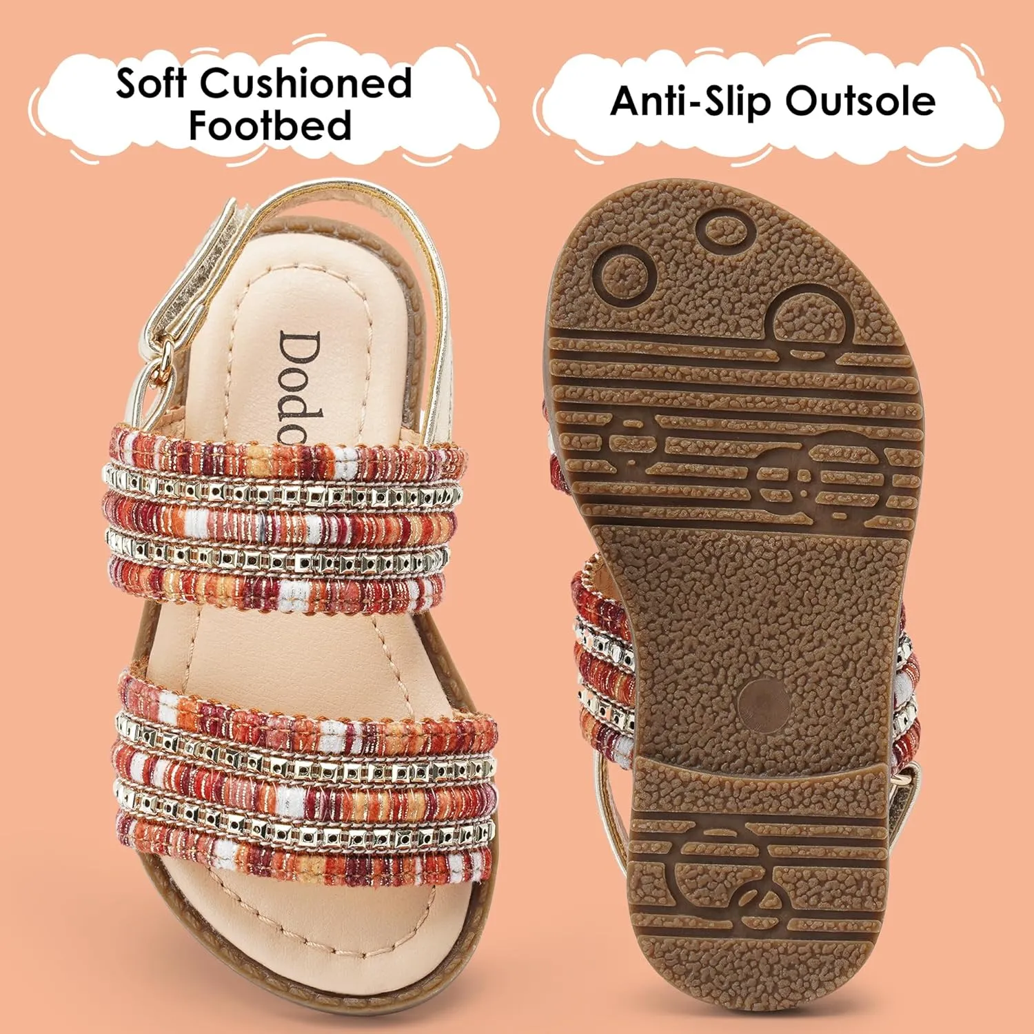 Dodow Girls Sandals Open Toe Hook and Loop Flat Dress Sandals Summer Shoes for Toddler Little Kid