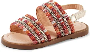 Dodow Girls Sandals Open Toe Hook and Loop Flat Dress Sandals Summer Shoes for Toddler Little Kid
