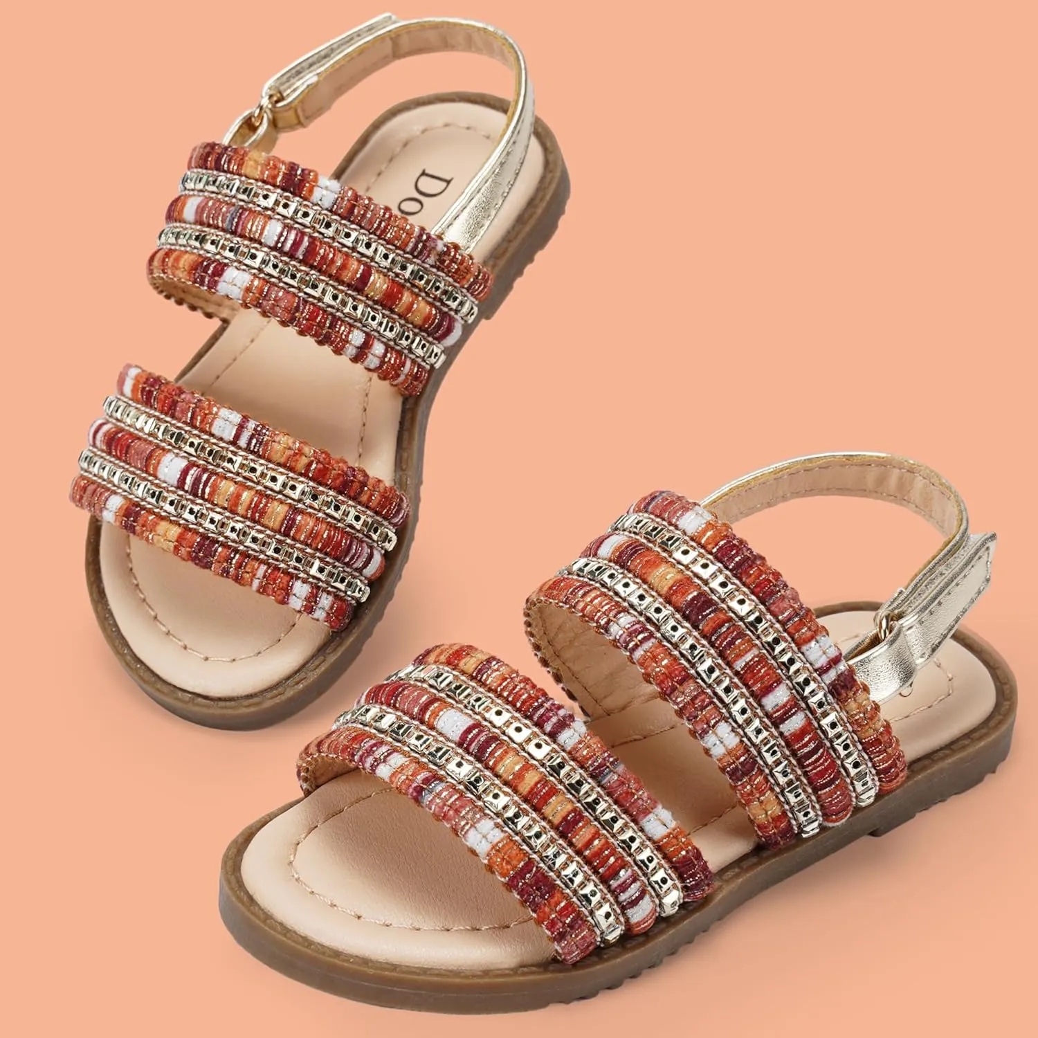 Dodow Girls Sandals Open Toe Hook and Loop Flat Dress Sandals Summer Shoes for Toddler Little Kid