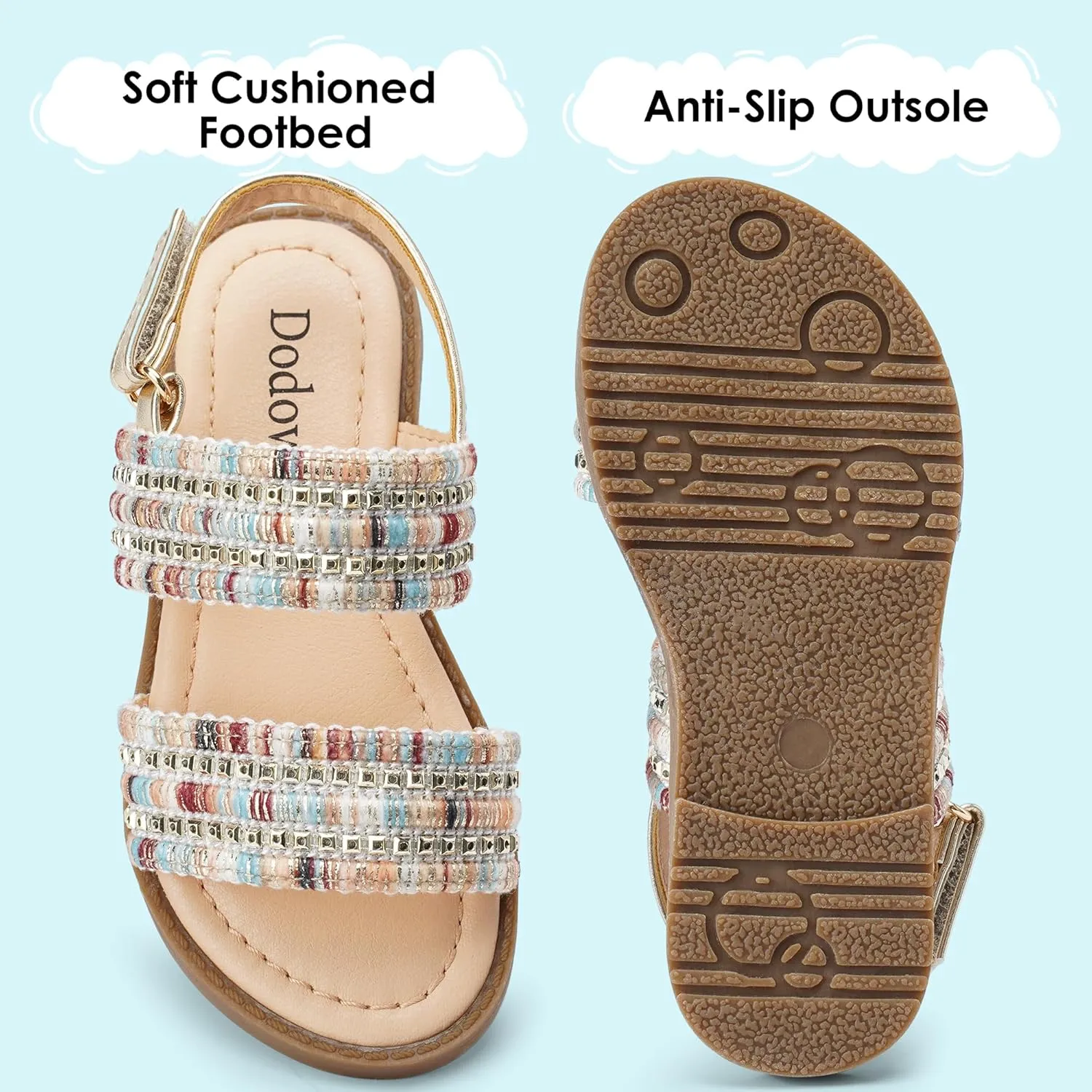 Dodow Girls Sandals Open Toe Hook and Loop Flat Dress Sandals Summer Shoes for Toddler Little Kid