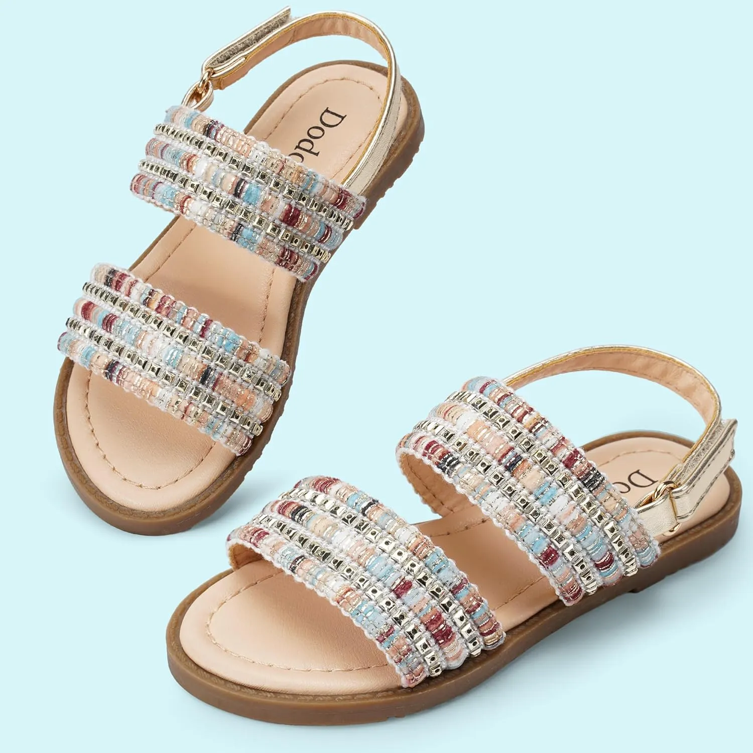 Dodow Girls Sandals Open Toe Hook and Loop Flat Dress Sandals Summer Shoes for Toddler Little Kid
