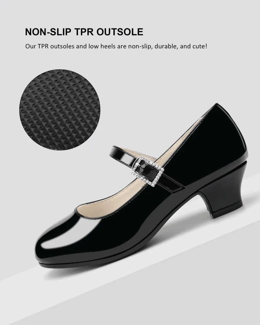Girls Glossy Mary Jane Heels| Black School Uniform Dress Shoes