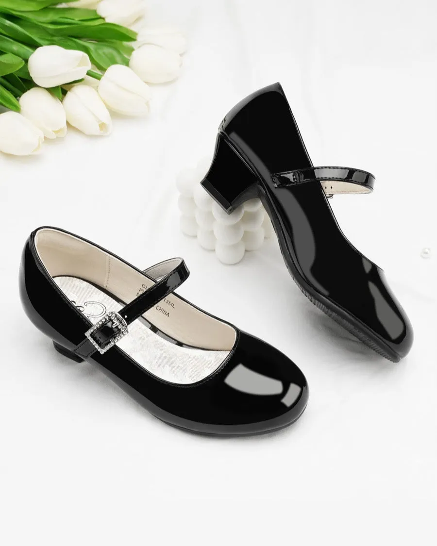 Girls Glossy Mary Jane Heels| Black School Uniform Dress Shoes