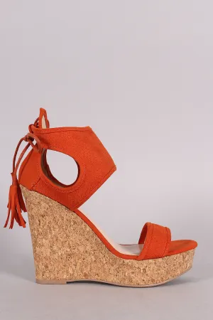 Qupid Suede Tie-Back Fish Scale Ankle Cuff Cork Platform Wedge