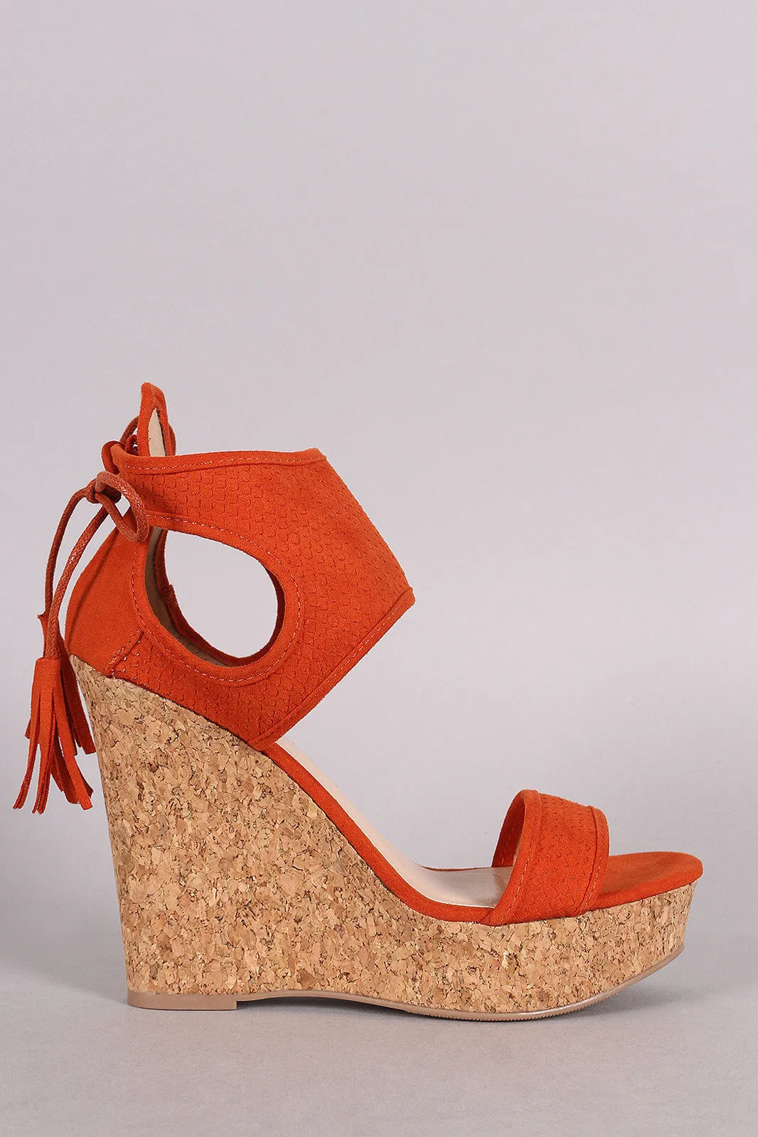 Qupid Suede Tie-Back Fish Scale Ankle Cuff Cork Platform Wedge