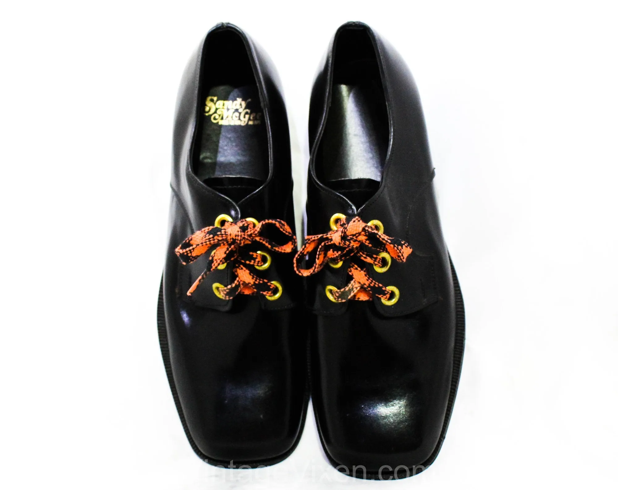 Size 9 Men's Dress Shoes - Funky 1960s 70s Black Mens Oxfords with Orange Shoe Laces - Never Worn In Original Box - 60s NOS Deadstock