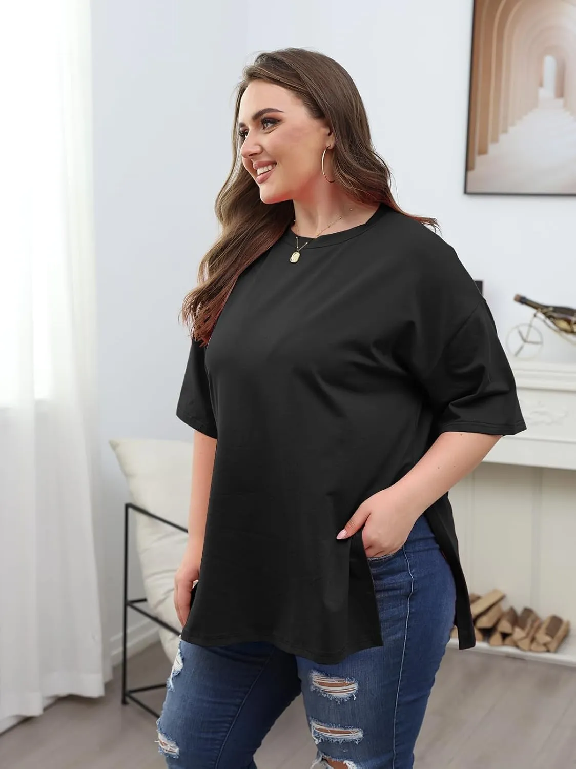 VNIRA Plus Size T Shirt for Women Oversized Cotton Short Sleeve Workout Top Loose Fit Side Split Casual Basic Tunic Top
