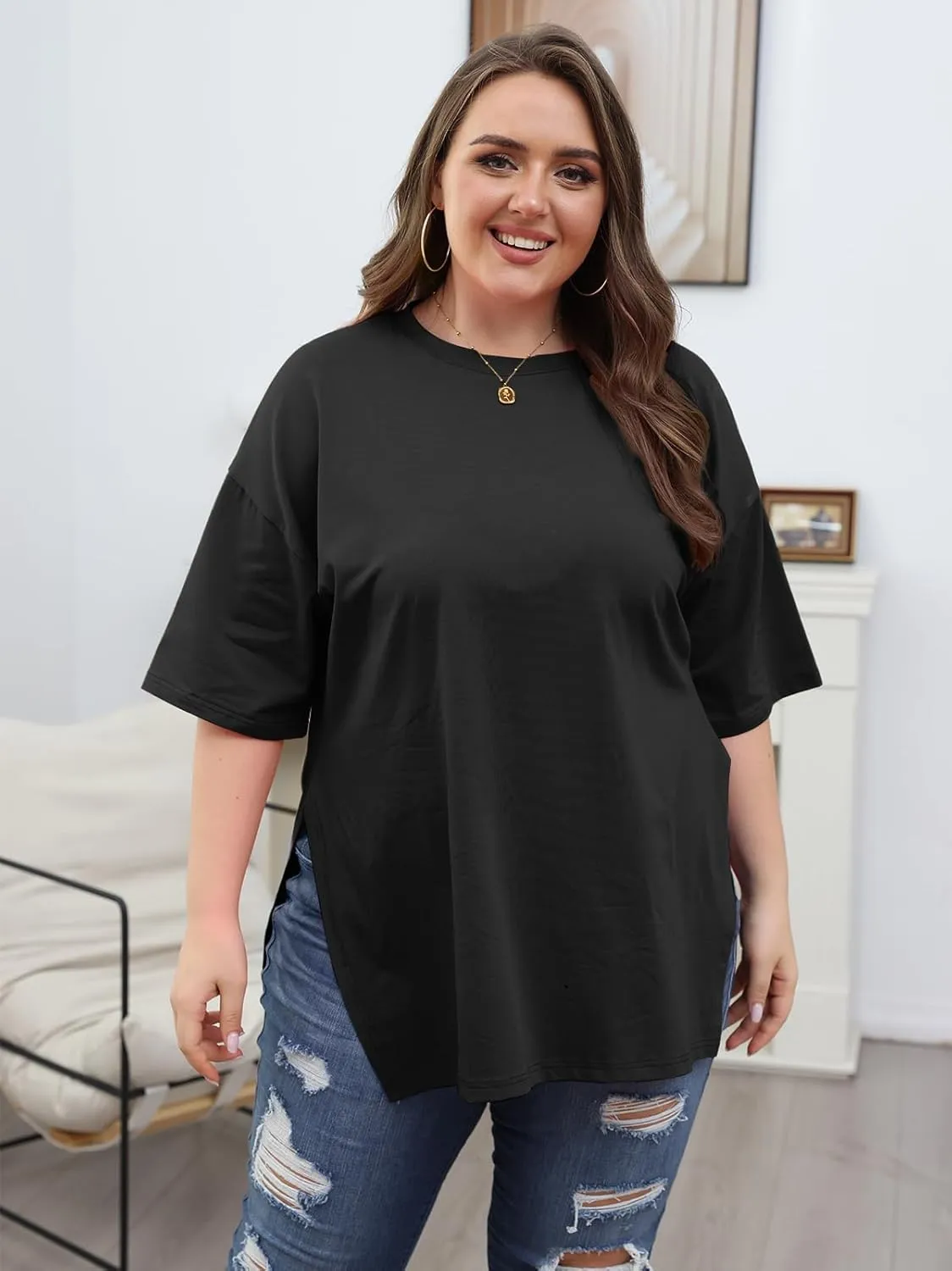 VNIRA Plus Size T Shirt for Women Oversized Cotton Short Sleeve Workout Top Loose Fit Side Split Casual Basic Tunic Top