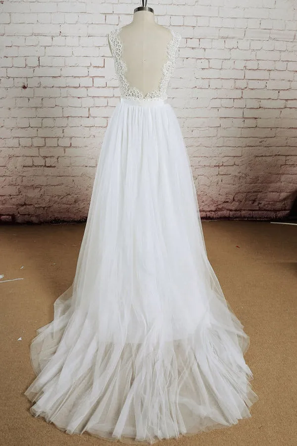 White Lace Halter V-Neck Wedding Dress, The Church Wedding Ceremony, SW109