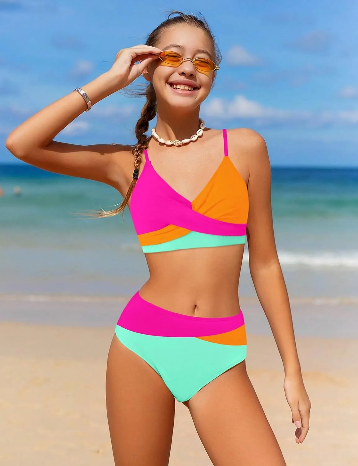 WIQI Girls Swimsuit Bikini Set 2 Piece Bathing Suits Color Block Criss Cross Swimwear Size 9-16