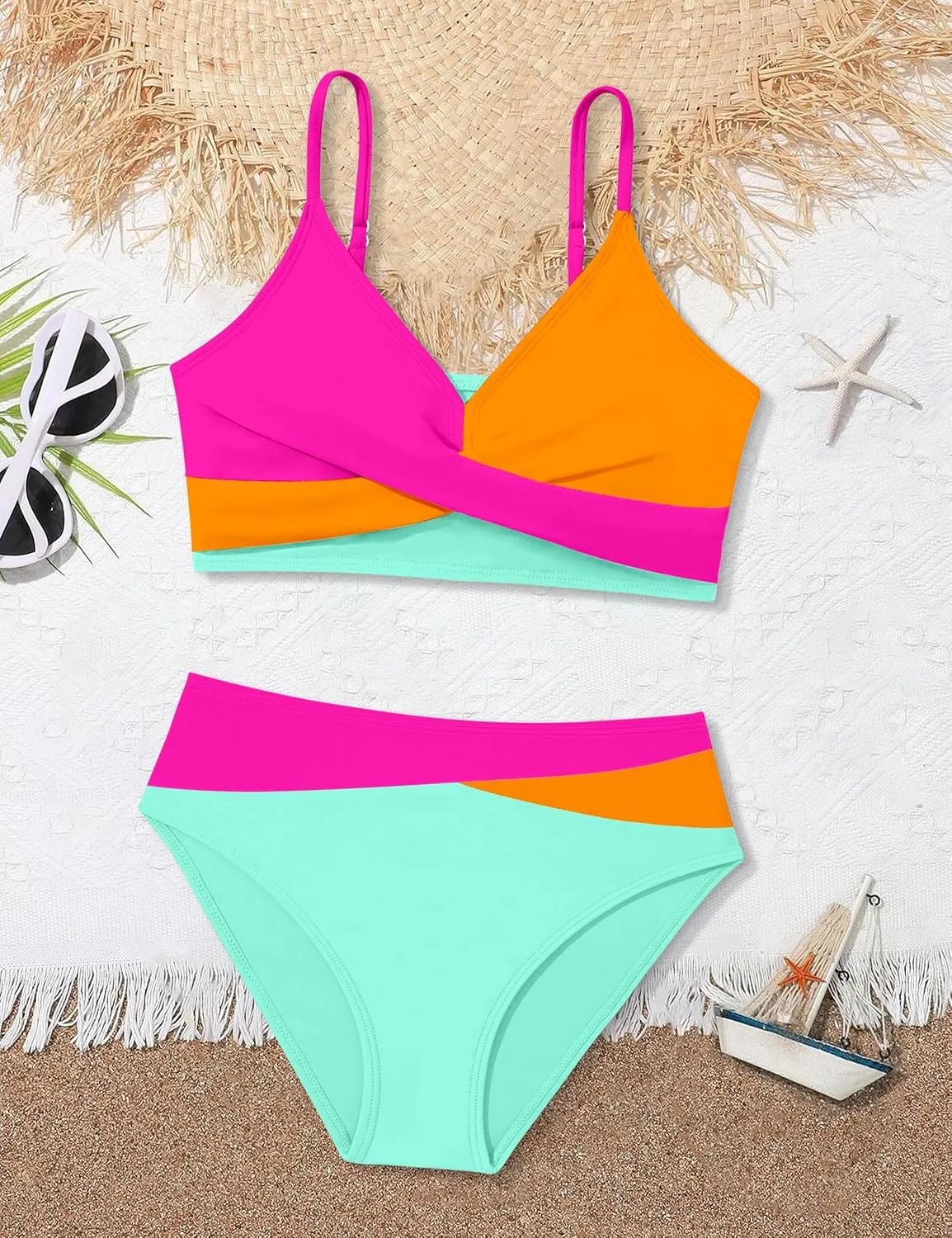 WIQI Girls Swimsuit Bikini Set 2 Piece Bathing Suits Color Block Criss Cross Swimwear Size 9-16