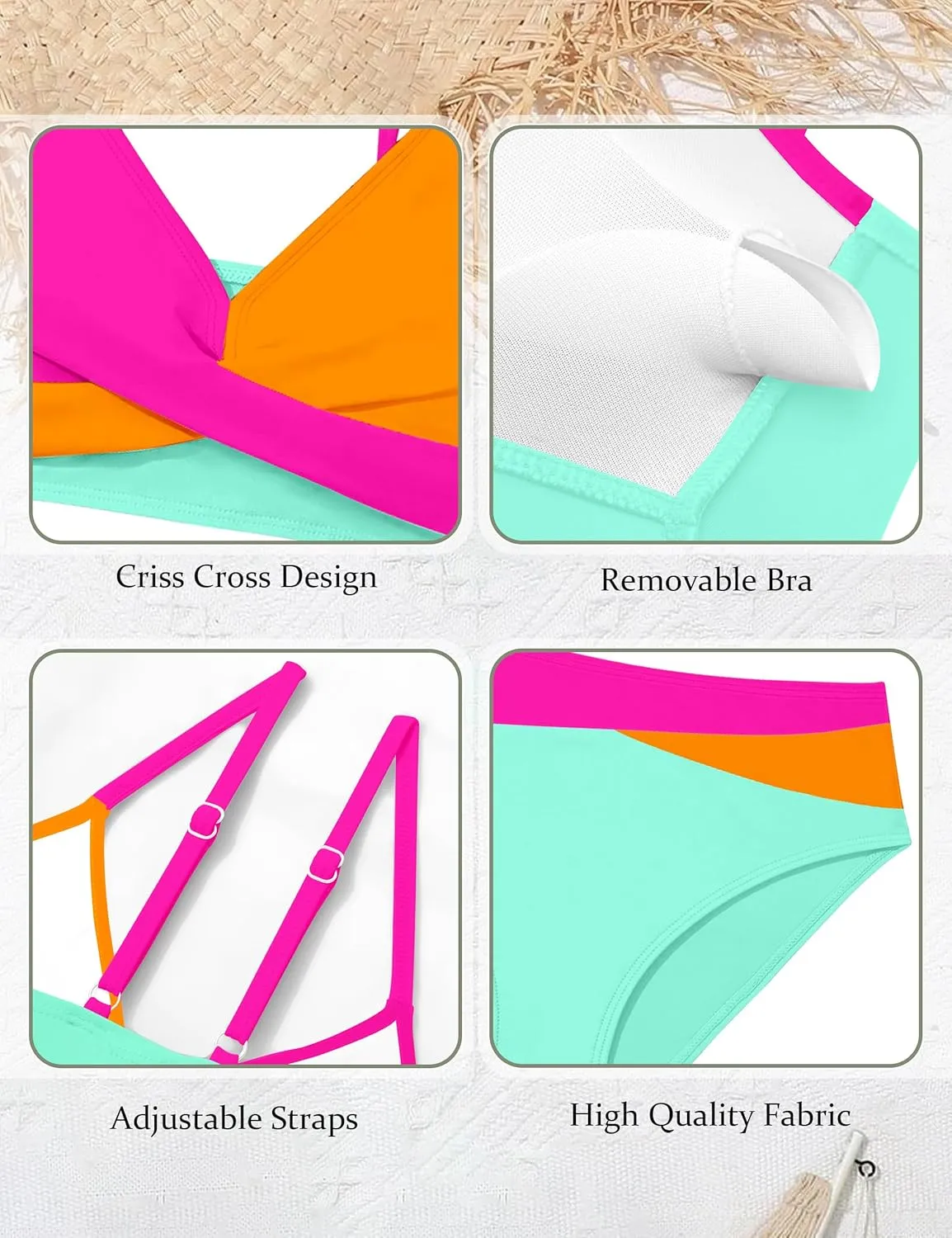 WIQI Girls Swimsuit Bikini Set 2 Piece Bathing Suits Color Block Criss Cross Swimwear Size 9-16