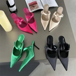 Women's High Heels Pointed Toe Silk Mules